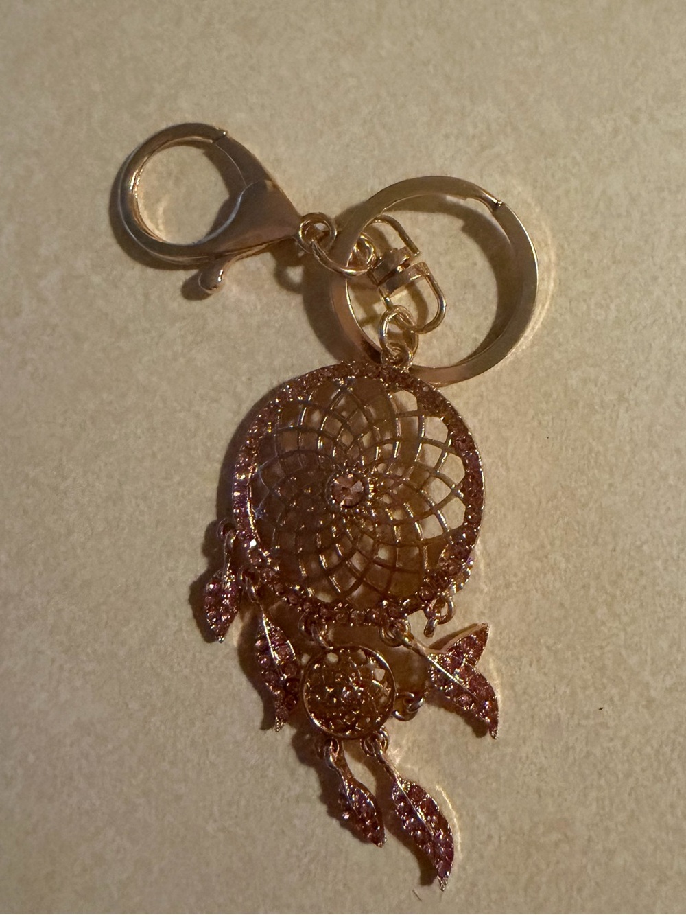 Gold with Pink Rhinestones Dreamcatcher Bag Charm / Key Ring